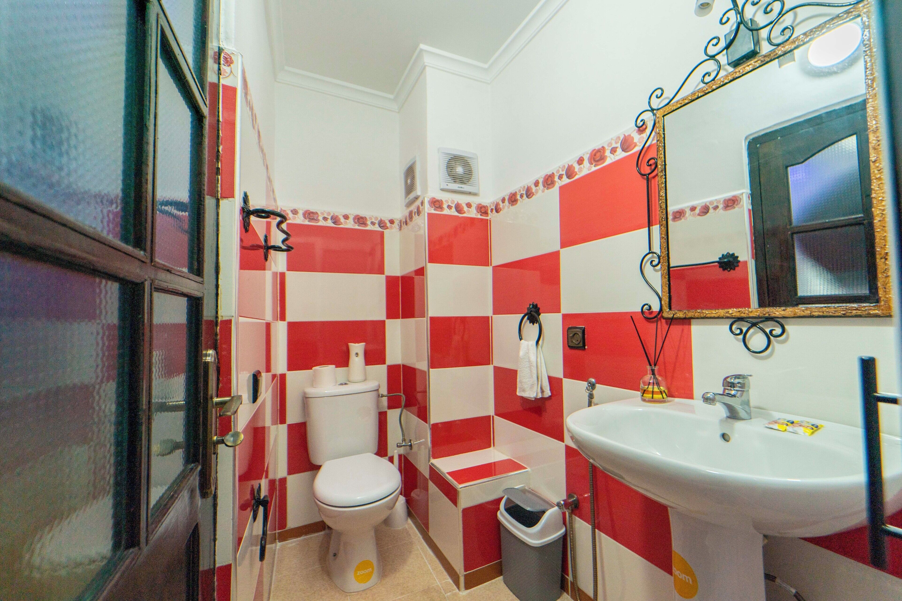 A bathroom with a red and white checkered tile pattern, a white sink, and a mirror with a decorative frame.