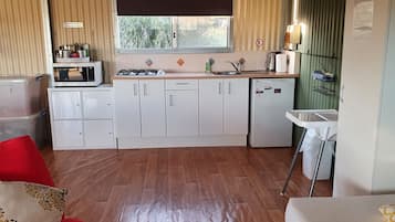 Fridge, microwave, electric kettle, toaster