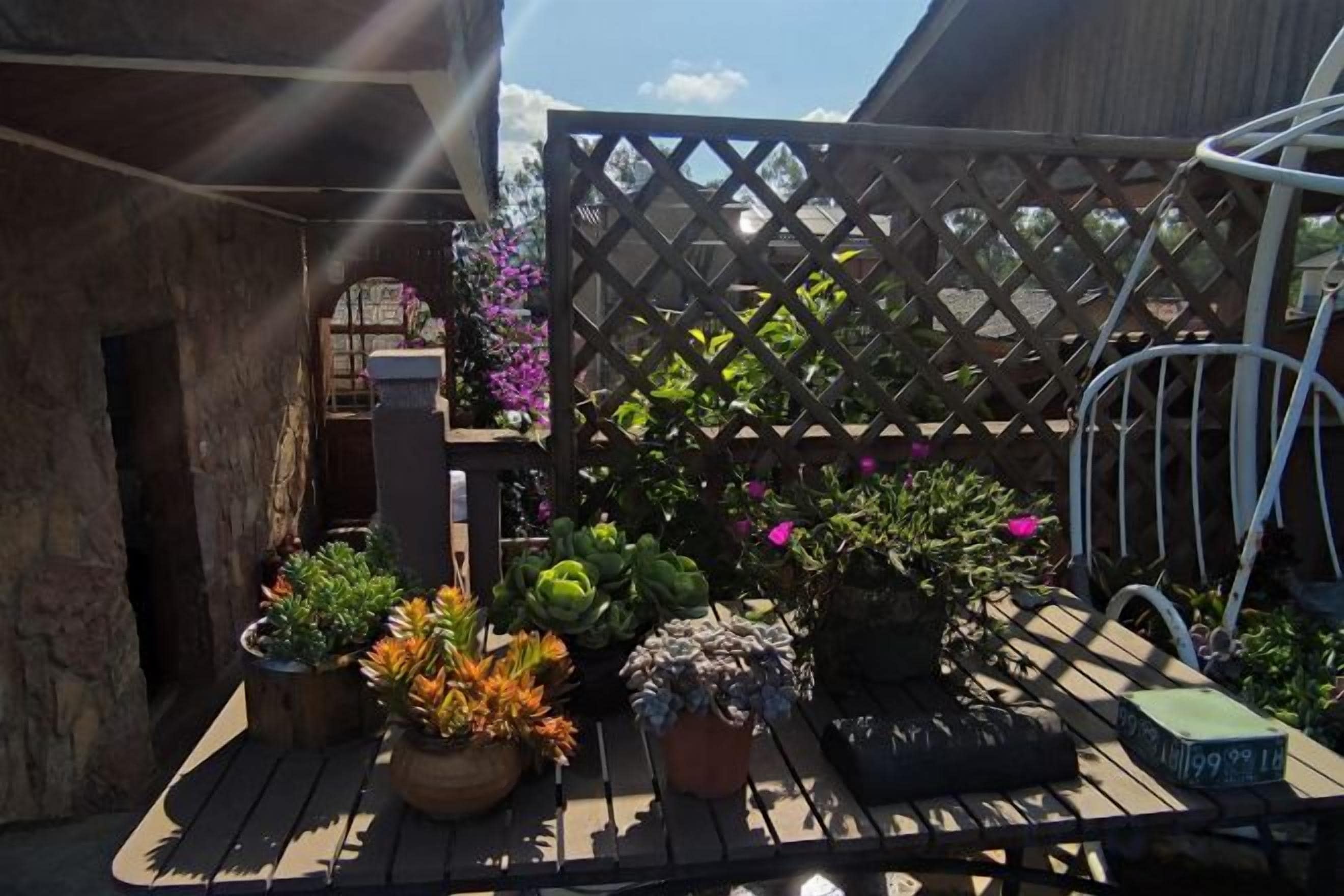Una terraza de madera con plantas en macetas y una silla de metal.