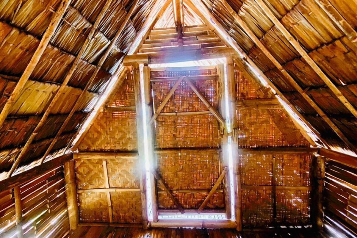 An attic room with a wooden sloped roof and a central light fixture.