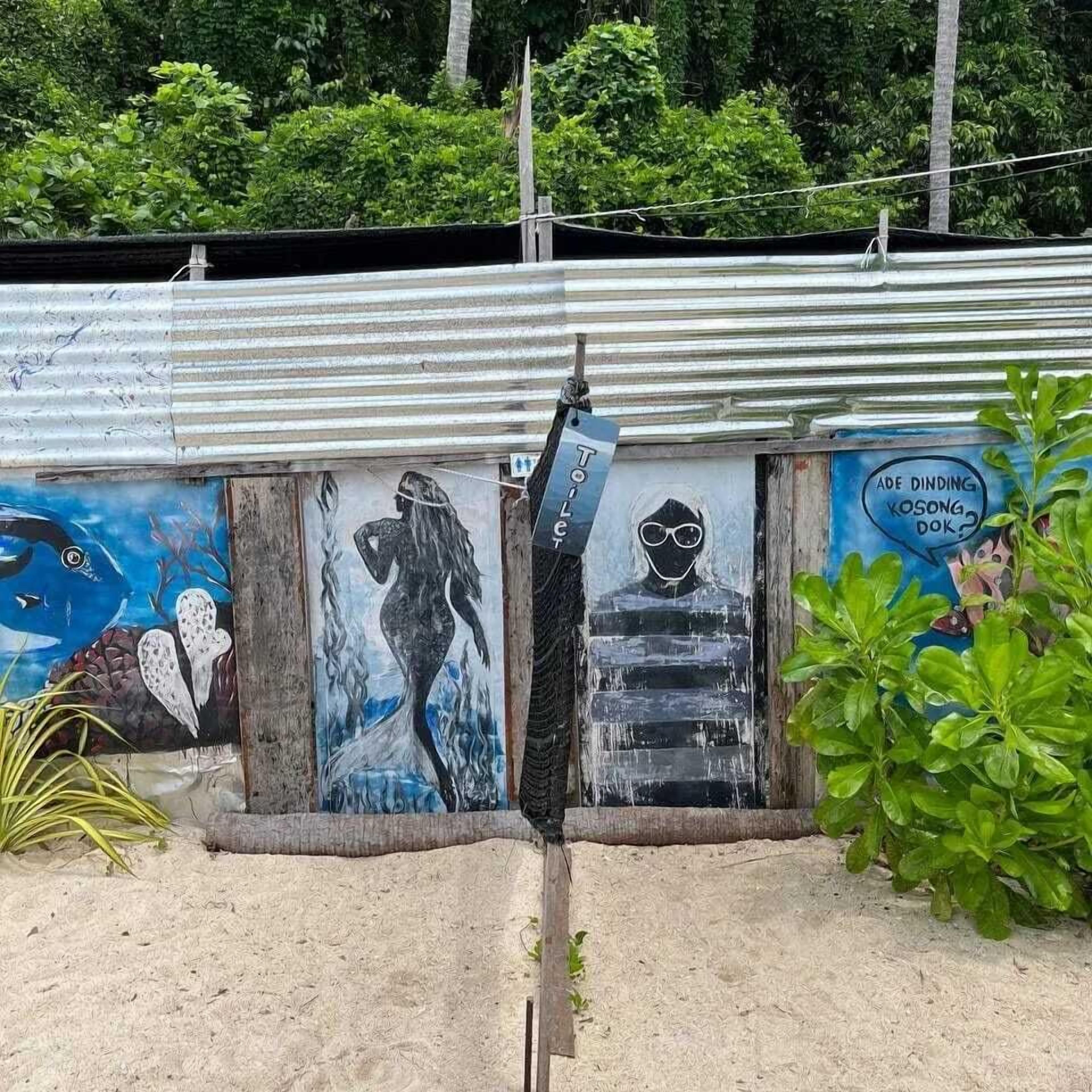 A series of murals on a corrugated metal wall, including a mermaid, a figure with sunglasses, and a sign that reads "TOILET."