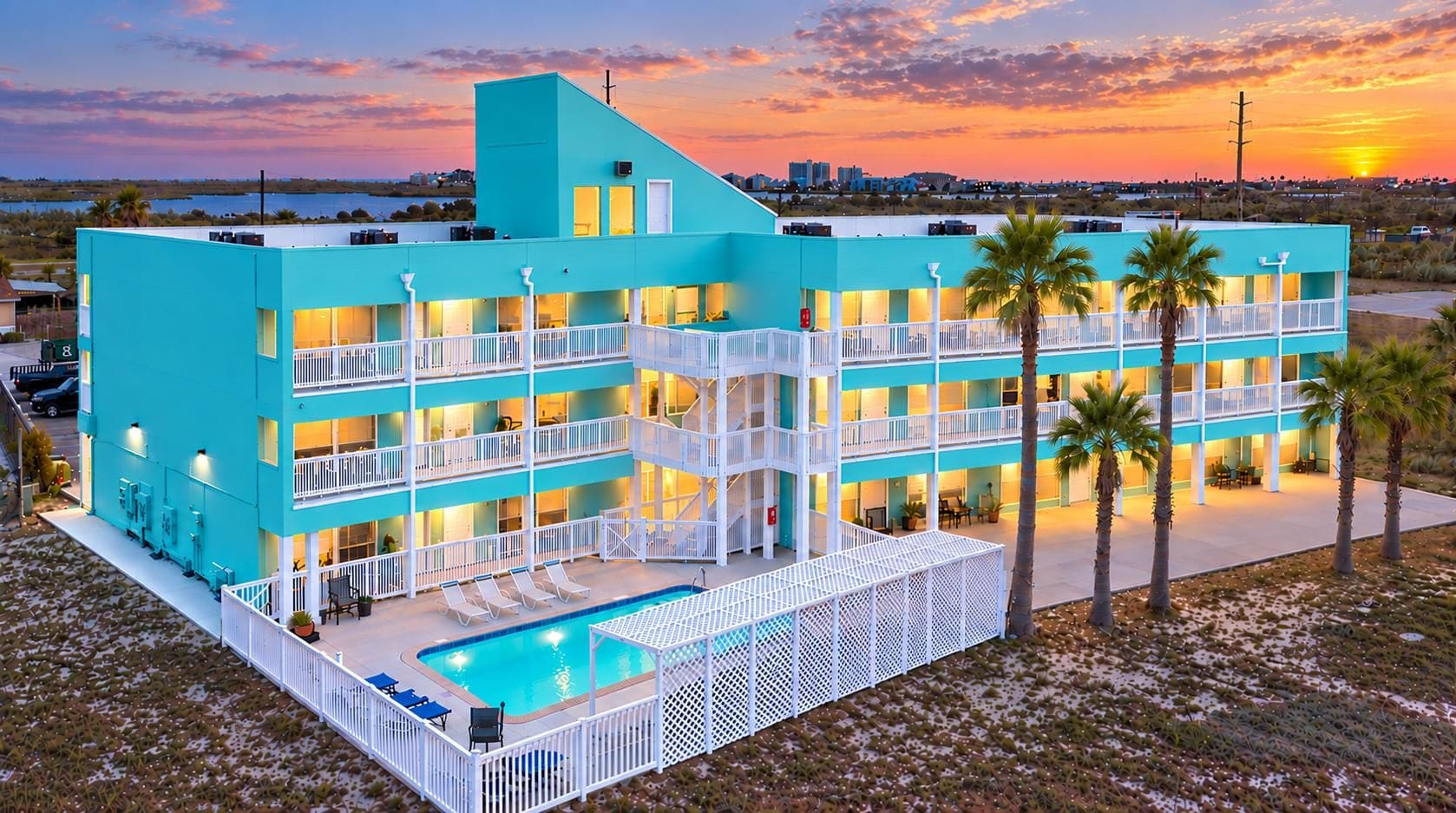 Un hotel de diverses plantes amb piscina, balcons i palmeres.