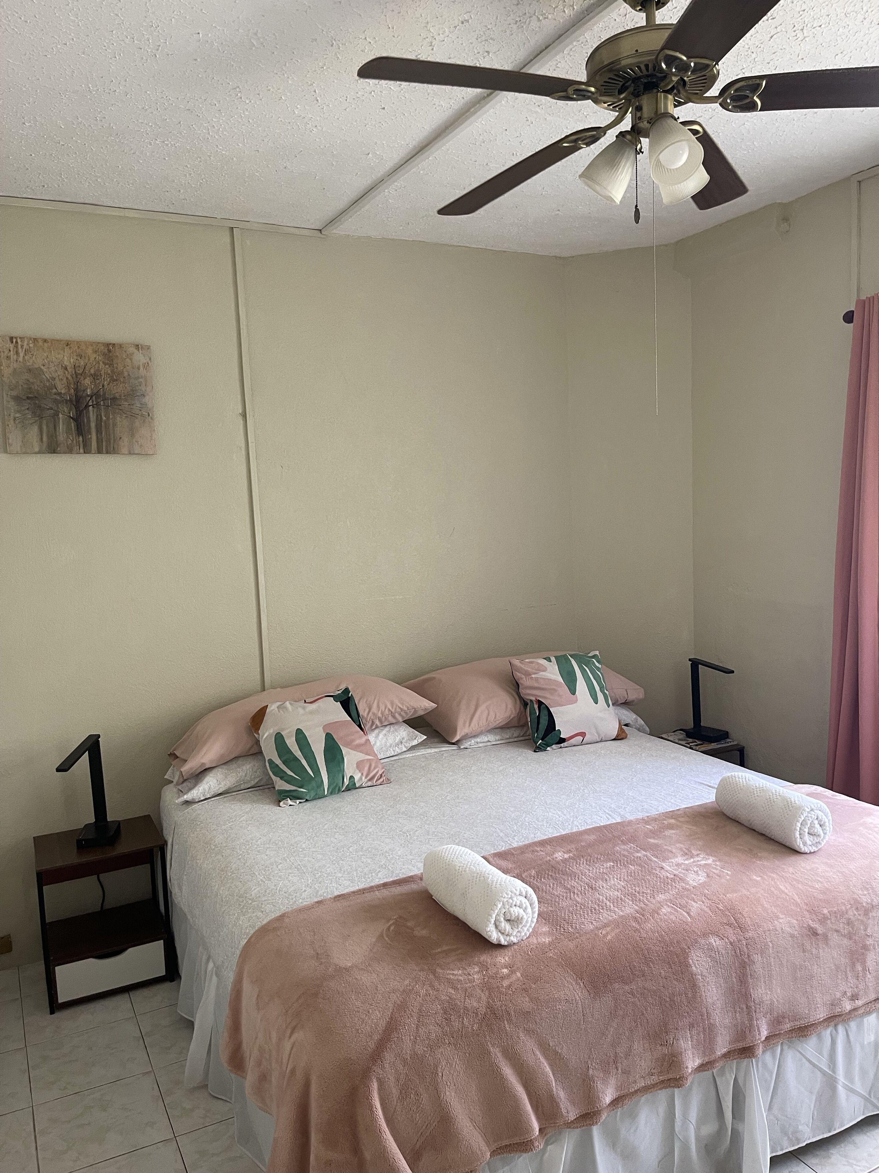 A bedroom with a bed, pillows, a ceiling fan, a nightstand, and a wall-mounted artwork.