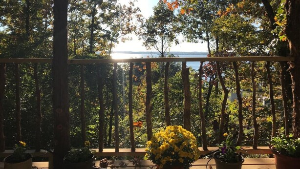 Un balcón con plantas en macetas y vistas a árboles y un cuerpo de agua.