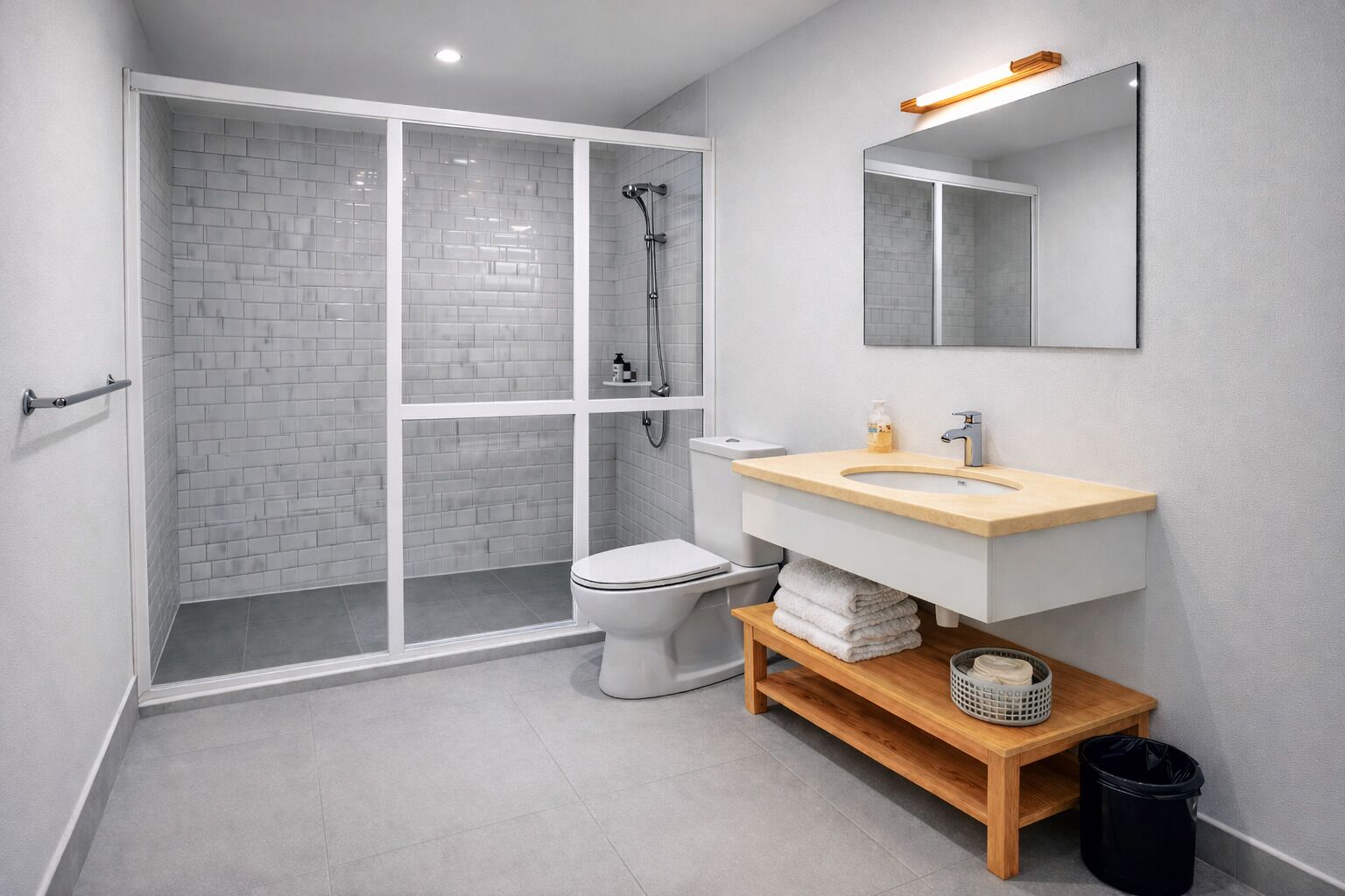 A modern bathroom with a shower, toilet, sink, and mirror.