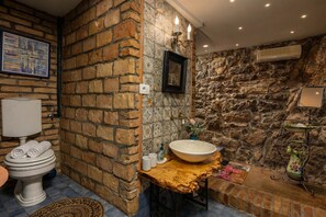 Combined shower/tub, hair dryer, bidet, towels