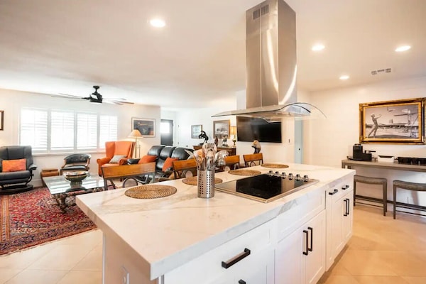 open kitchen, living room, coffee bar
