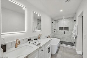 Hair dryer, towels, soap, shampoo