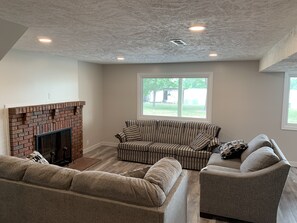 Smart TV, fireplace, books