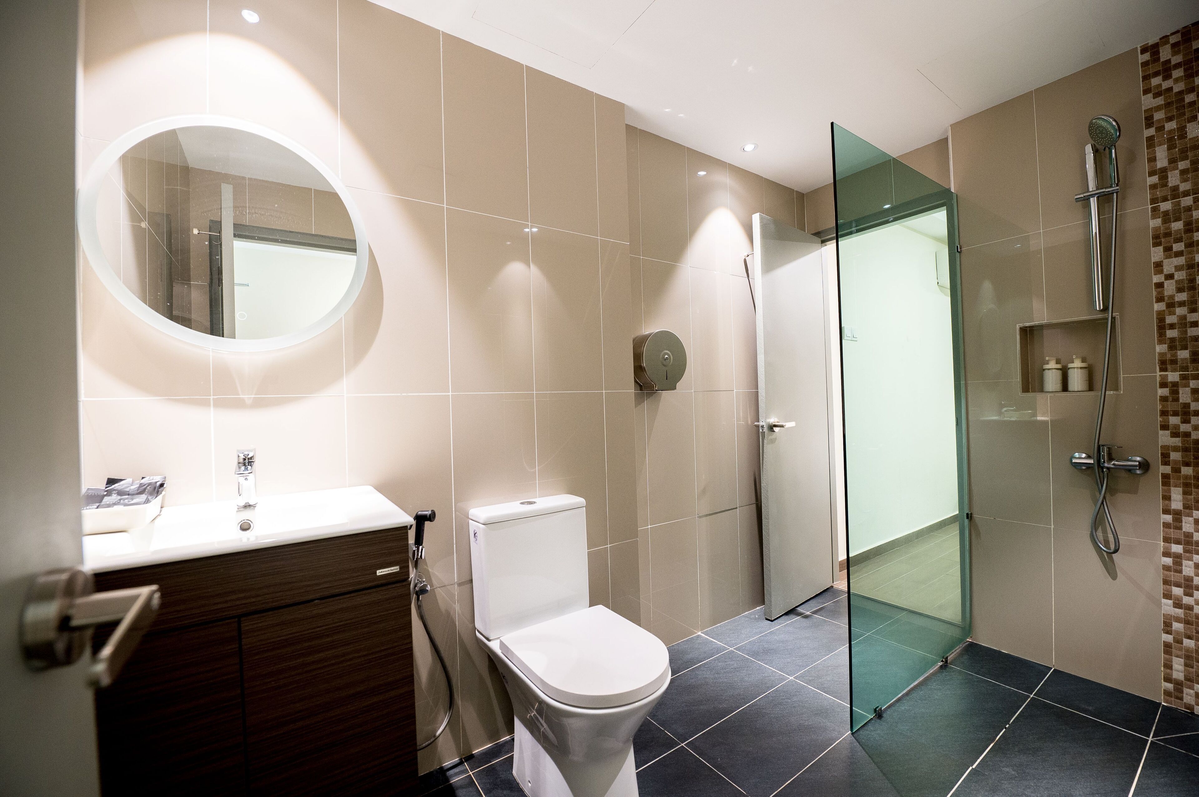 Shower, free toiletries, hair dryer, bidet