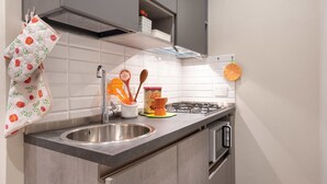 A modern kitchen with a stainless steel sink, a gas stove, and a microwave. There is a shelf above the stove with a box and a small plant. - Sanzanobi Apartment (Florence)