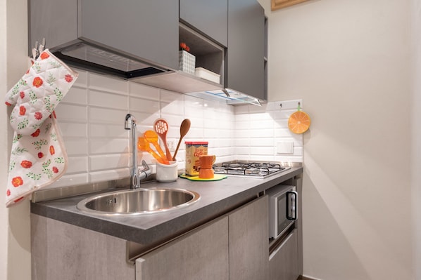 Basic-Apartment, 1 Doppelbett und Schlafsofa | Eigene Küche | Kühlschrank, Mikrowelle, Ofen, Herdplatte