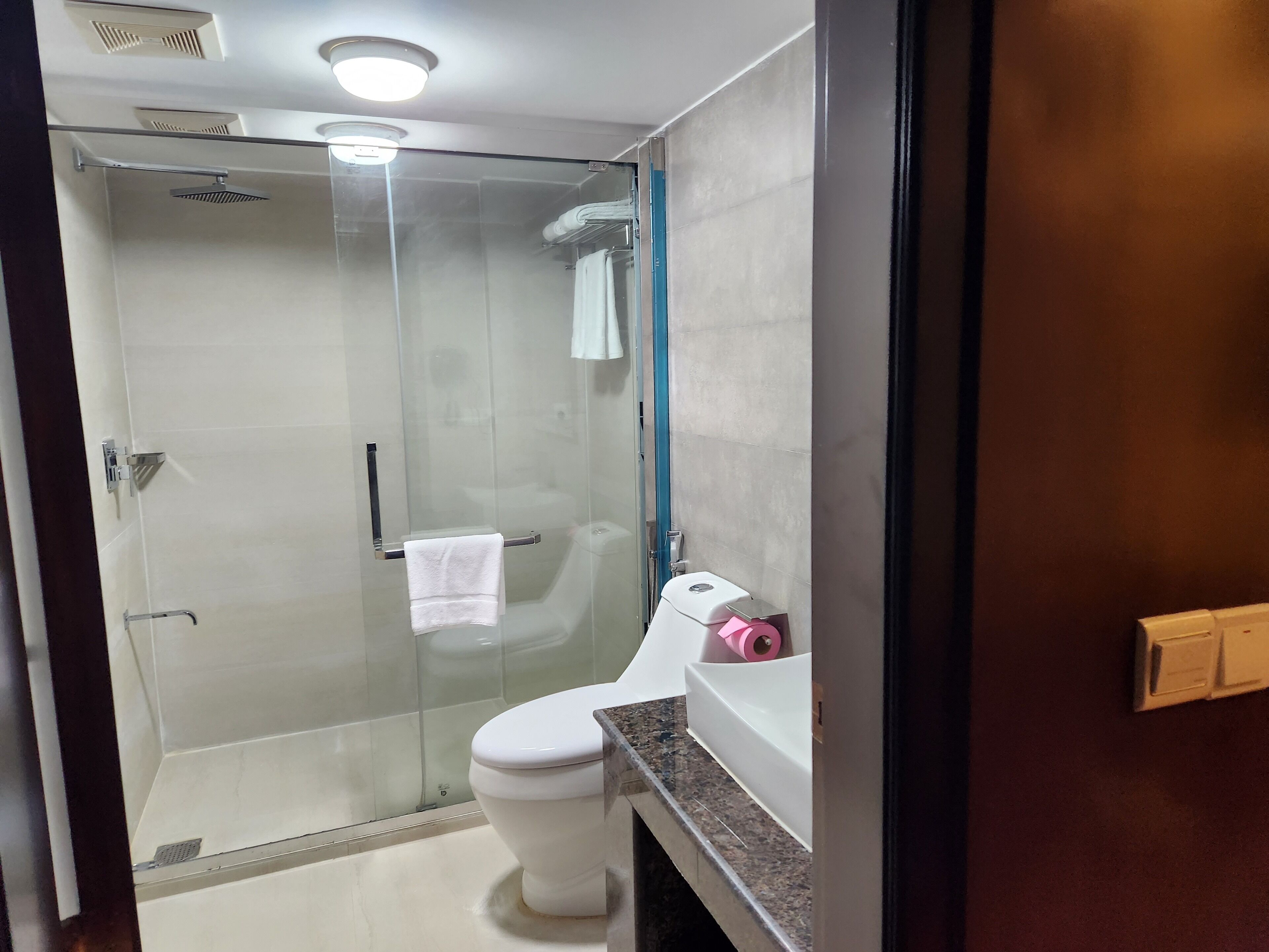A modern bathroom with a glass-enclosed shower, a white toilet, and a marble countertop.