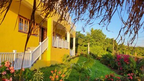 Ein gelbes Gebäude mit weißer Treppe und Balkon, umgeben von einem gepflegten Garten mit verschiedenen Pflanzen und Blumen.