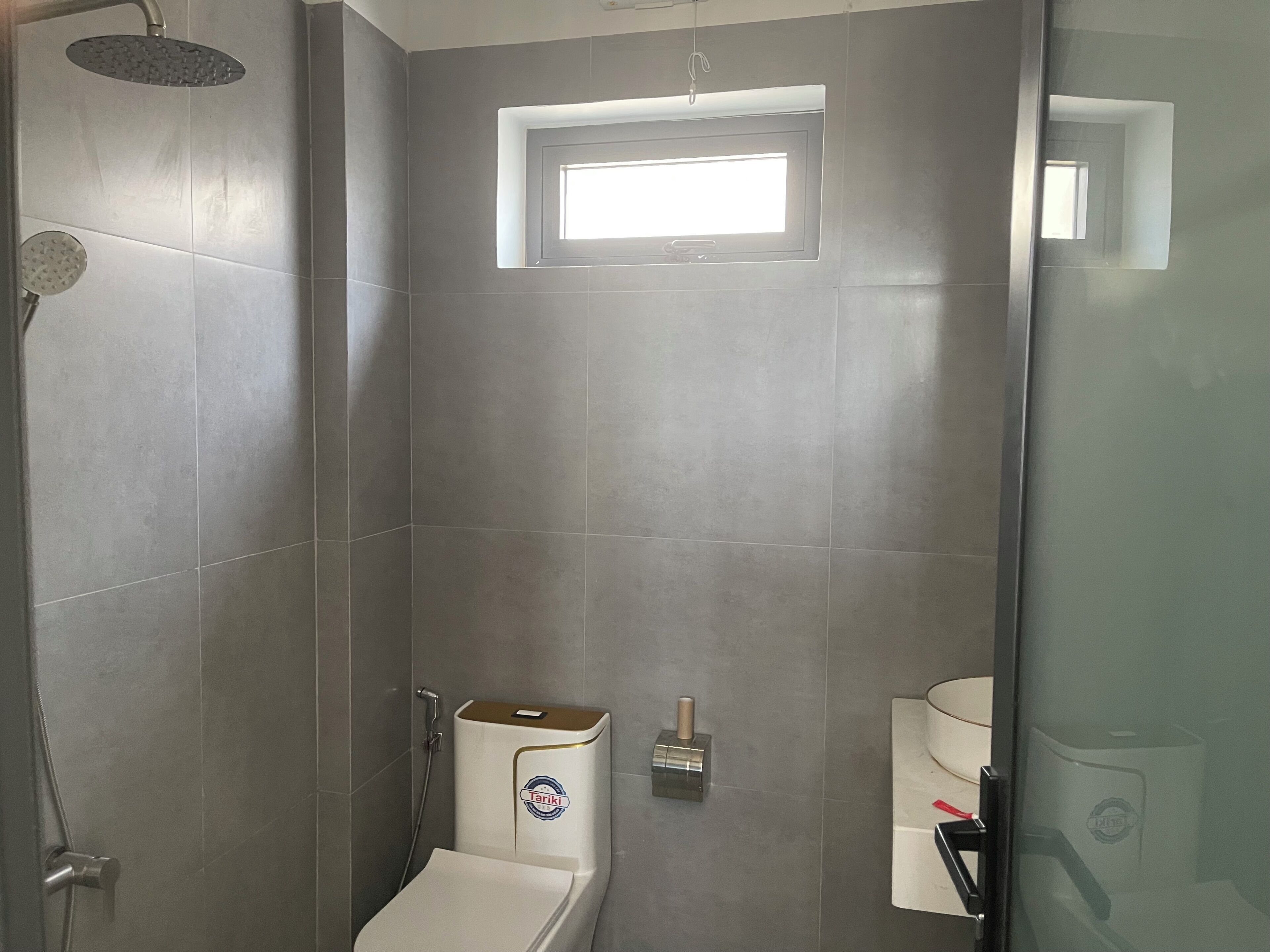 A modern bathroom with a walk-in shower, a toilet, and a bidet.