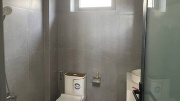 A modern bathroom with a walk-in shower, a toilet, and a bidet.