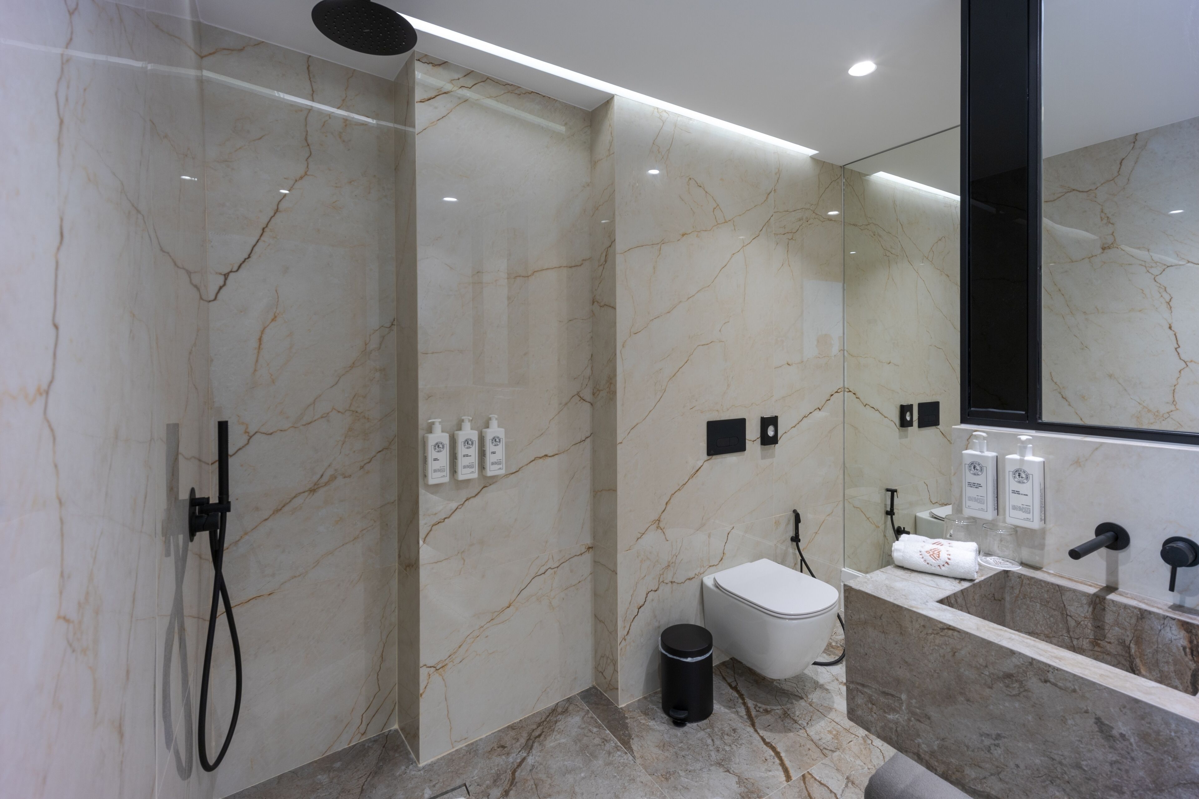 A modern bathroom with a glass-enclosed shower, a toilet, and a vanity with a mirror.