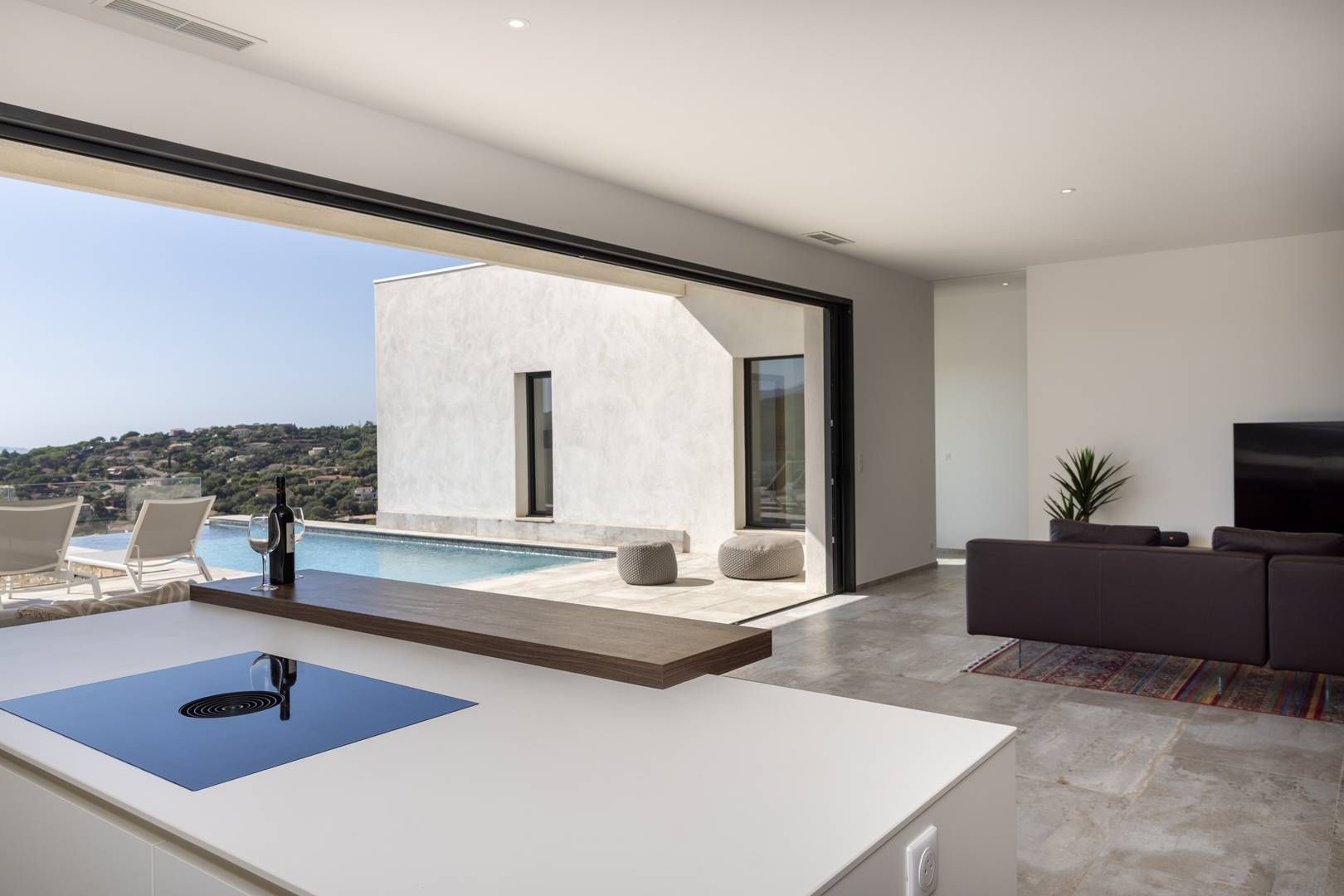 A modern living room with a large TV, a pool, and a view of the countryside.