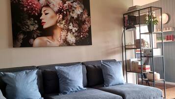 Smart TV, fireplace, books, video library