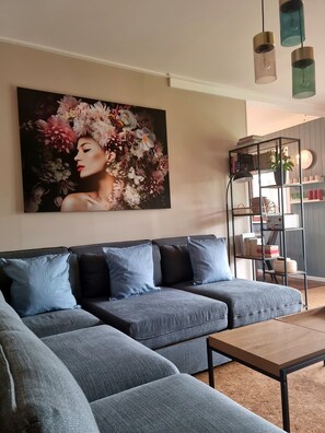 Smart TV, caminetto, libri, videoteca