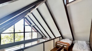 Une chambre de type dortoir avec un plafond en pente, une fenêtre et un lit.