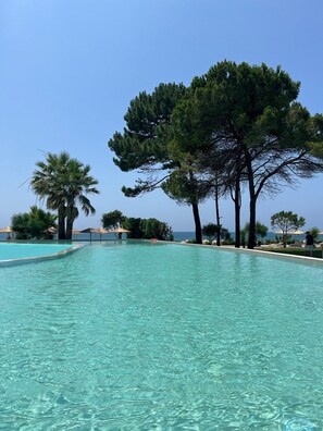 Seasonal outdoor pool, pool umbrellas, pool loungers