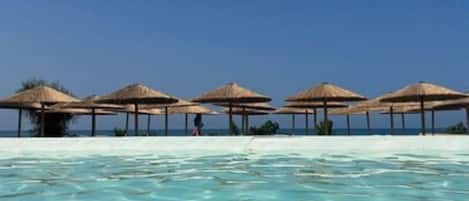 Seasonal outdoor pool, pool umbrellas, sun loungers