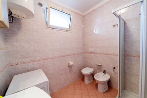 Shower, hair dryer, bidet, toilet paper