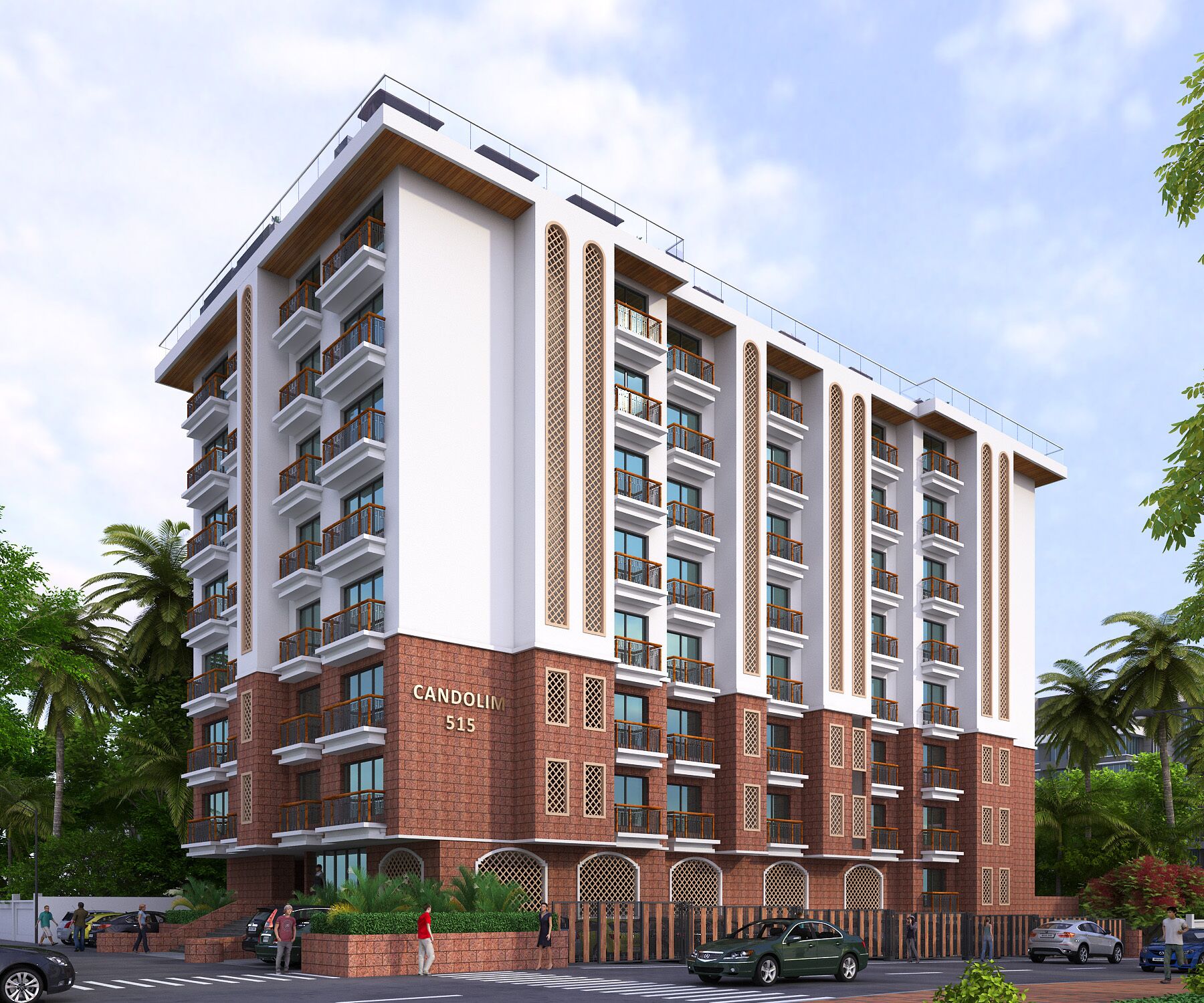 A multi-story building with a mix of brick and white facade, balconies, and a visible address "CANDOLIM 515".