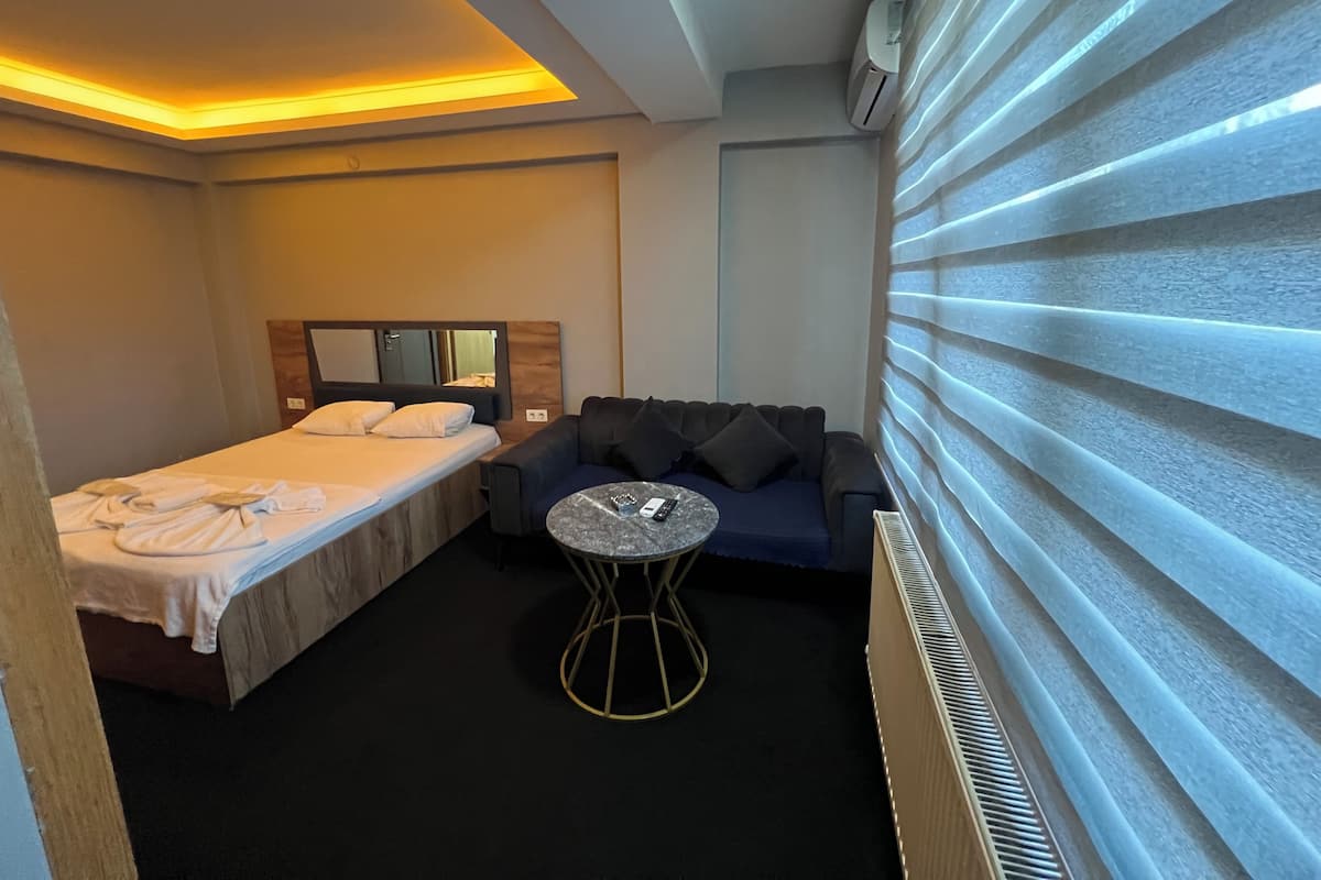 Une chambre d’hôtel avec un lit, un canapé, une petite table ronde et un radiateur.