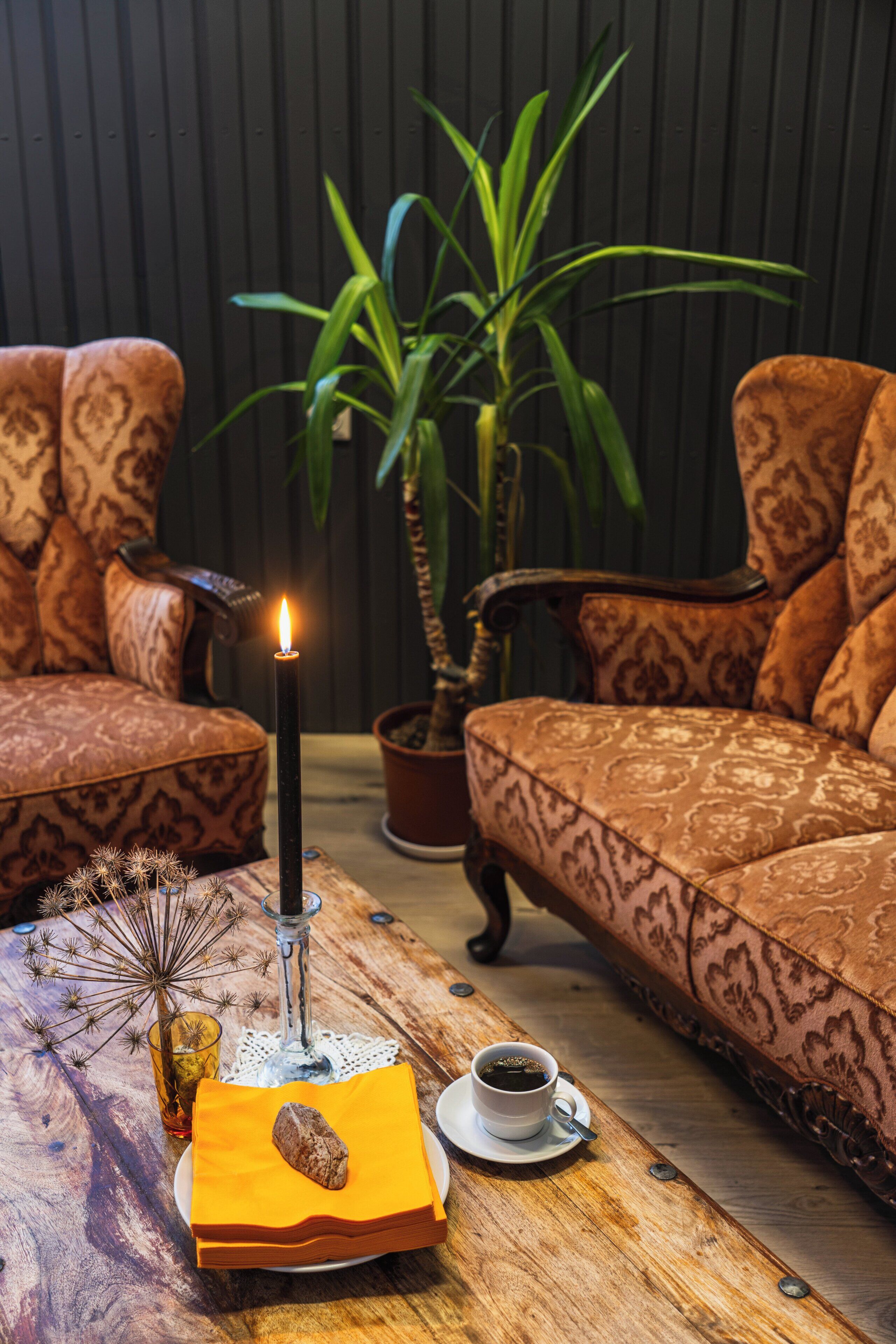 A cozy seating area with patterned sofas, a wooden table with a candle, a potted plant, and a cup of coffee.