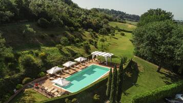 Seasonal outdoor pool, pool umbrellas, pool loungers
