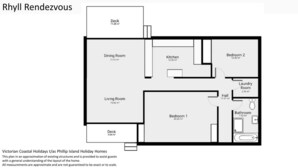 Plan d’étage de la résidence Rhyll Randezvous, comprenant un salon, une salle à manger, une cuisine, deux chambres, une salle de bain, une buanderie et un hall d’entrée.