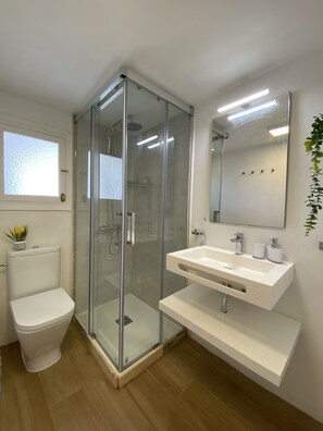 Shower, hair dryer, towels