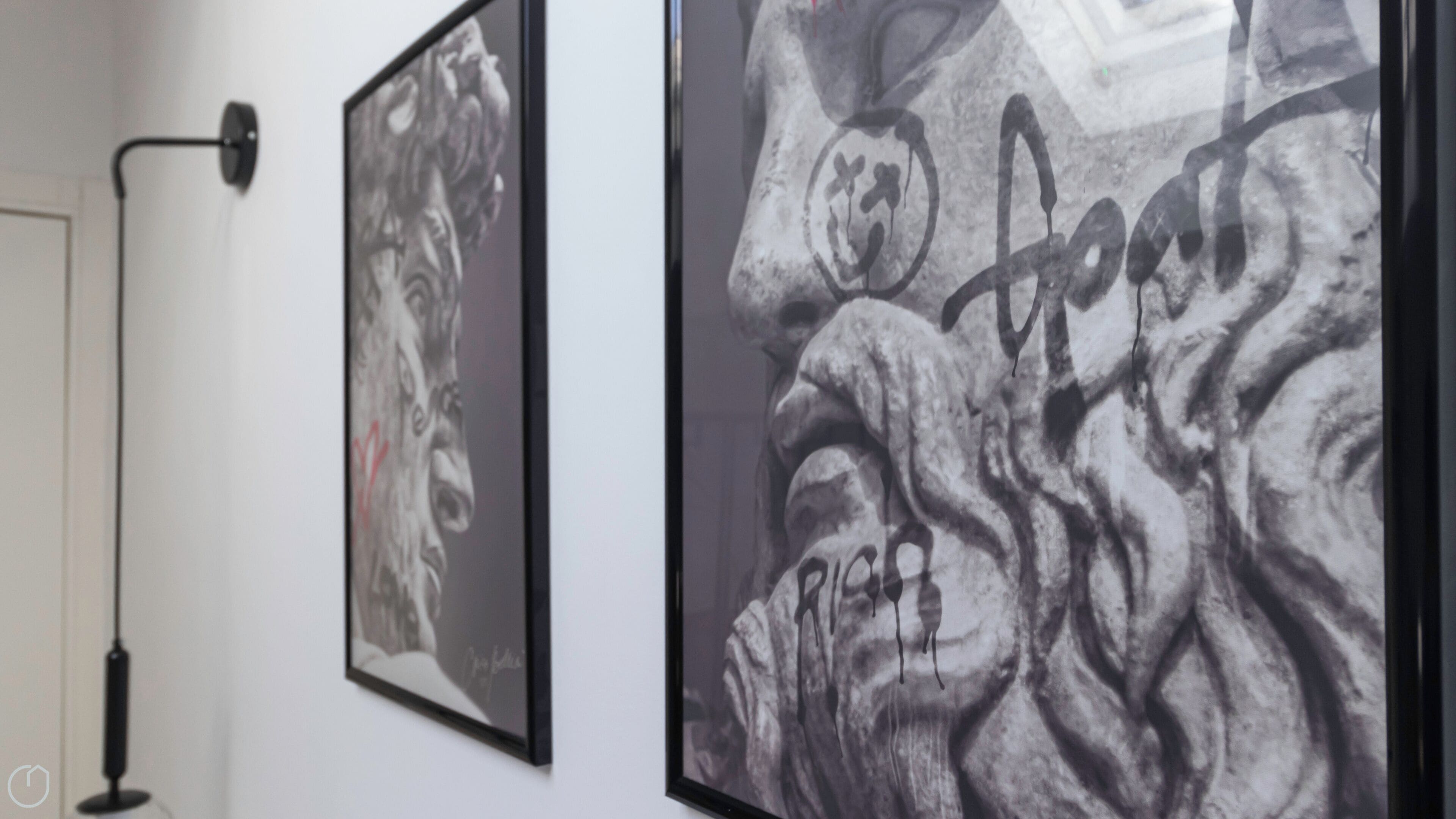 Deux œuvres d’art encadrées sont accrochées au mur : l’une représente le visage d’un lion, l’autre présente un motif abstrait aux textures variées.