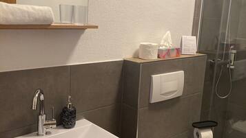 A modern bathroom with a white sink, a mirror, a toilet, and a shower.