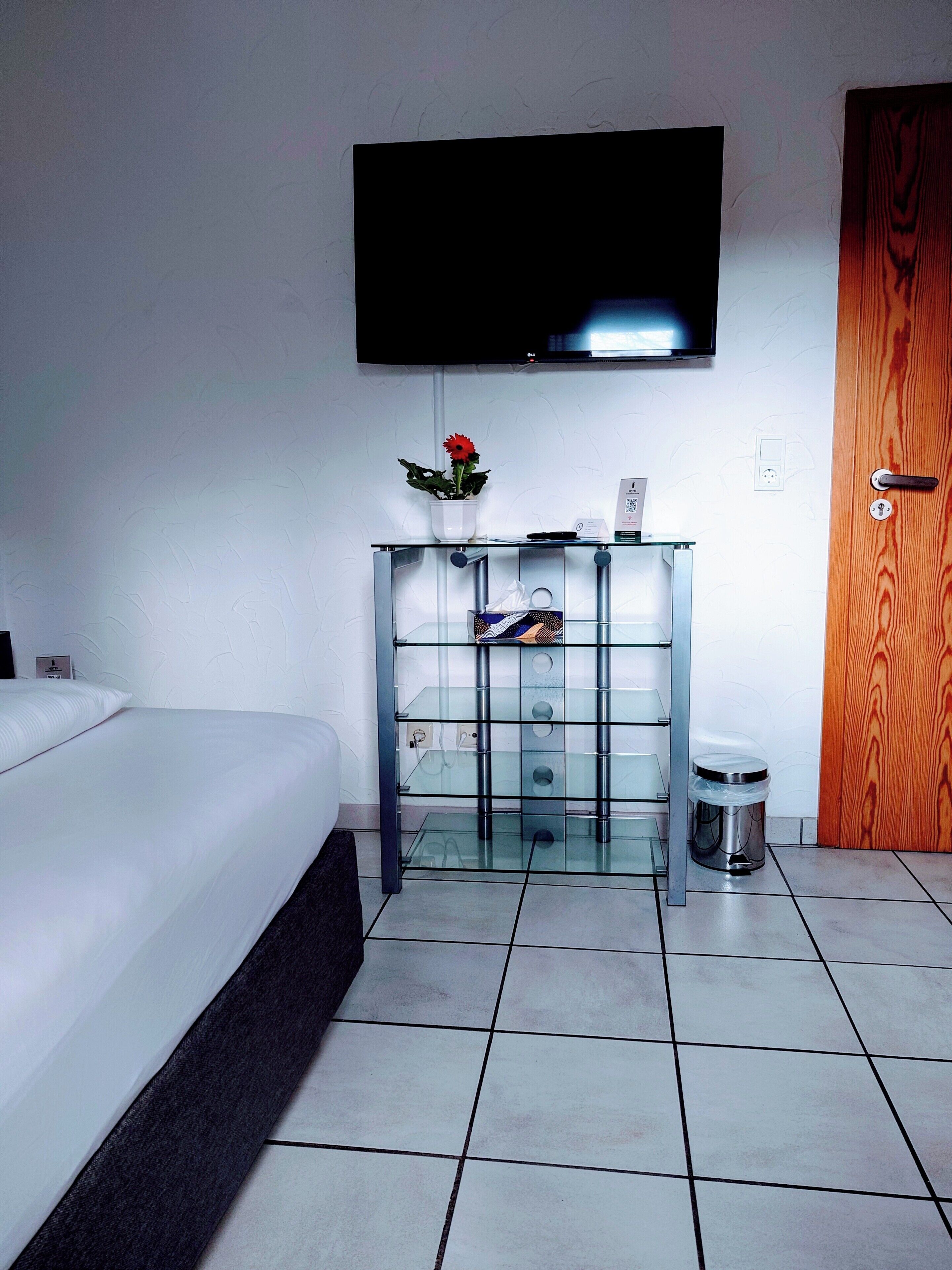 A hotel room with a bed, a TV mounted on the wall, a small table with a potted plant, a trash bin, and a wooden door.