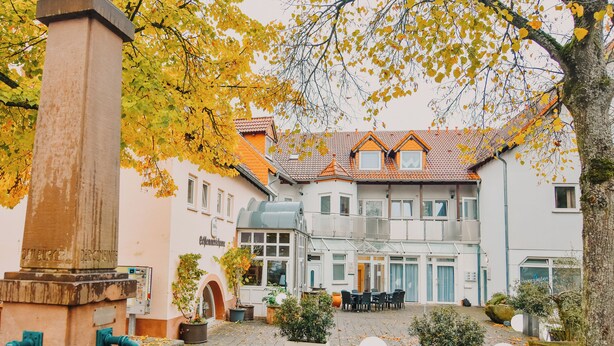 A courtyard with a fountain, a building with a tiled roof, and potted plants. - Hotel Schlemmerscheune (Weilerbach)