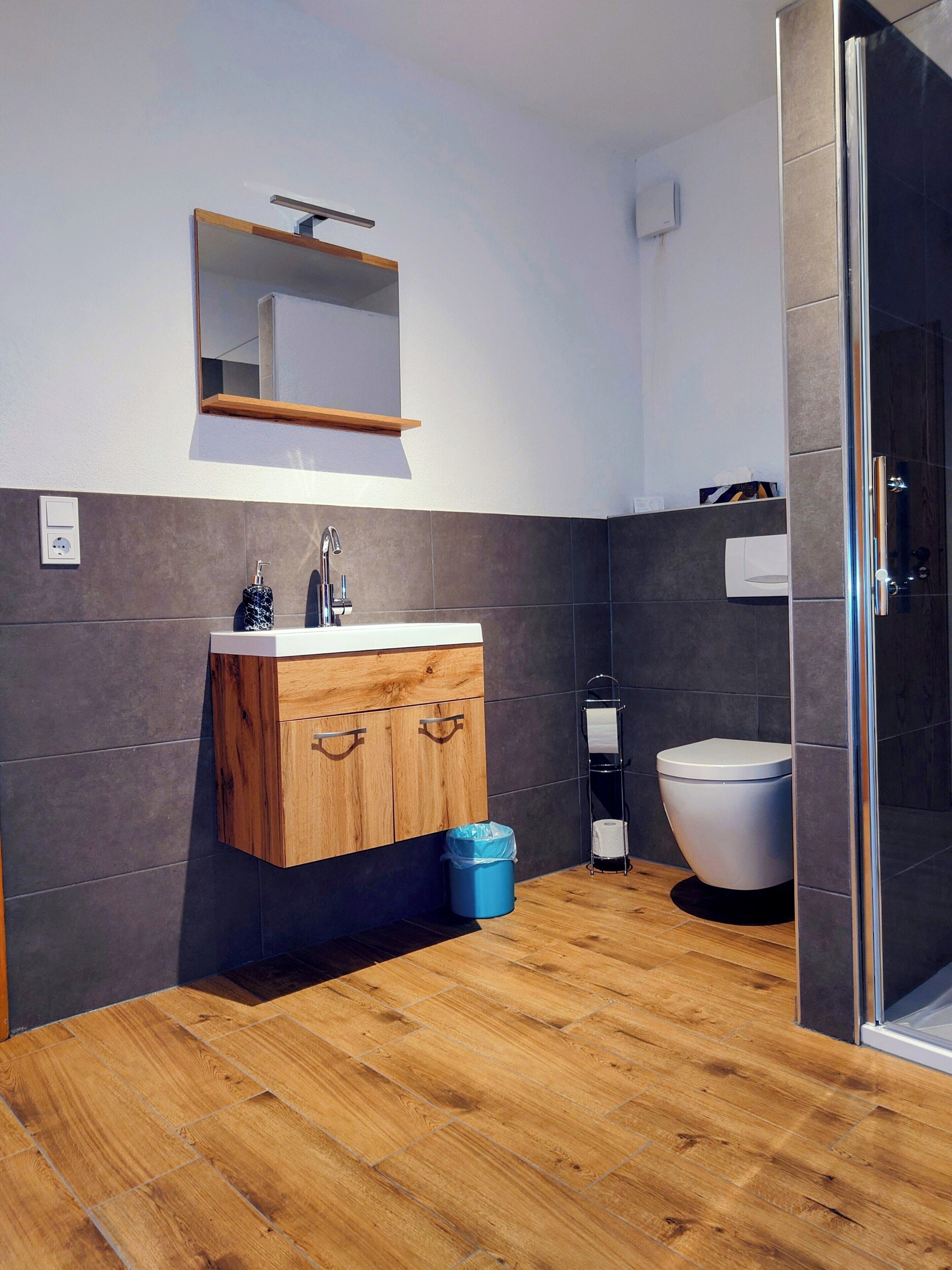 Et moderne badeværelse med et trækommode, et spejl, et toilet og et bruseområde.