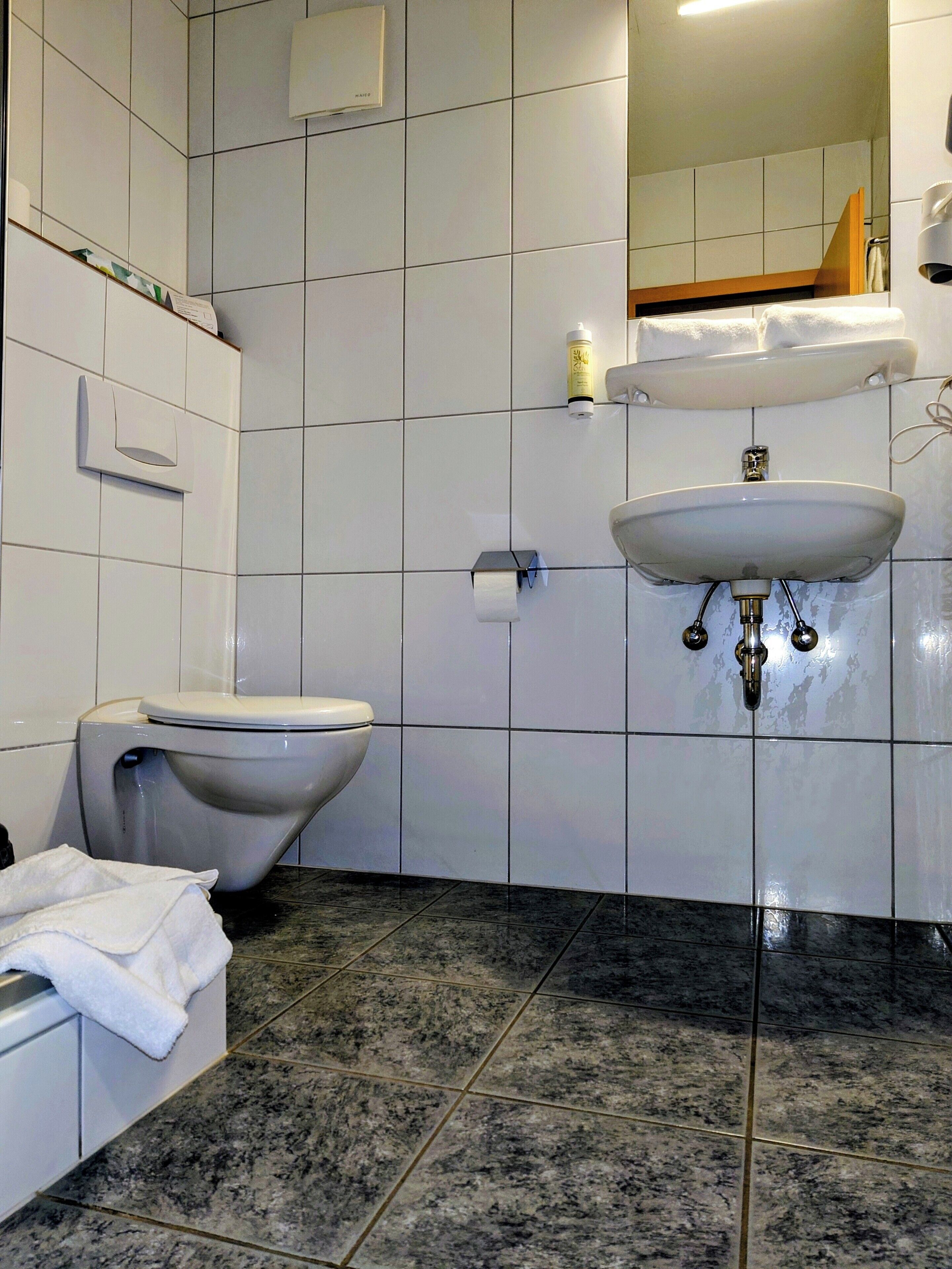 Kylpyhuone, jossa on wc, pesuallas ja pyyheteline.