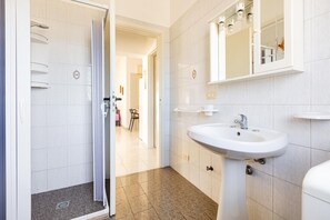 Une salle de bain avec une douche, un lavabo et un miroir.