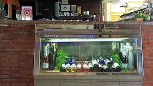 A bar area with a display of wine bottles and a hanging light fixture. - H&G LOZOYUELA (Lozoyuela-Navas-Sieteiglesias)