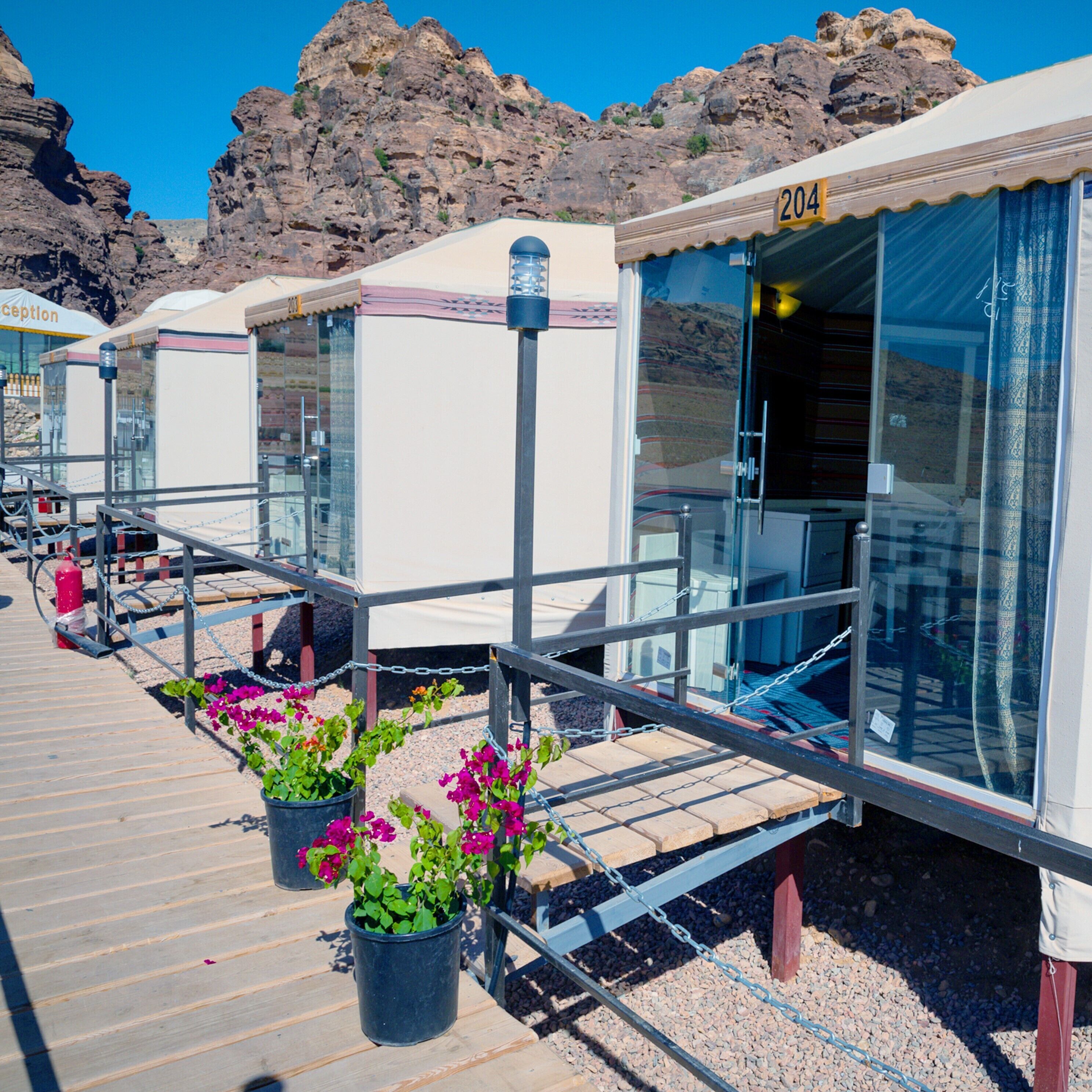 Une rangée de maisons mobiles blanches, dotées de fenêtres en verre, portant les numéros 204, 205 et 206, se trouve sur une terrasse en bois agrémentée de plantes en pot.