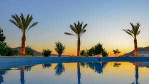 A serene pool area with palm trees and a clear sky at sunset. - The Rock Camp Petra (Wadi Musa)