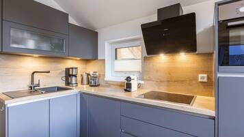 Fridge, oven, dishwasher, cookware/dishes/utensils