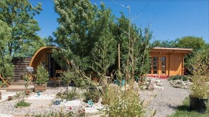 A rustic cabin with a wooden exterior, surrounded by a garden with various plants and a gravel path.