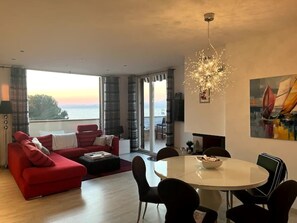 Älytelevisio, takka, DVD-soitin, kirjoja