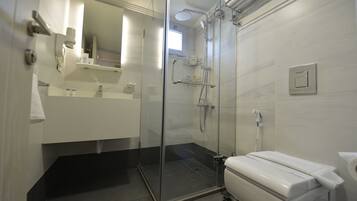 A modern bathroom with a glass shower enclosure, a white toilet, and a vanity with a mirror.