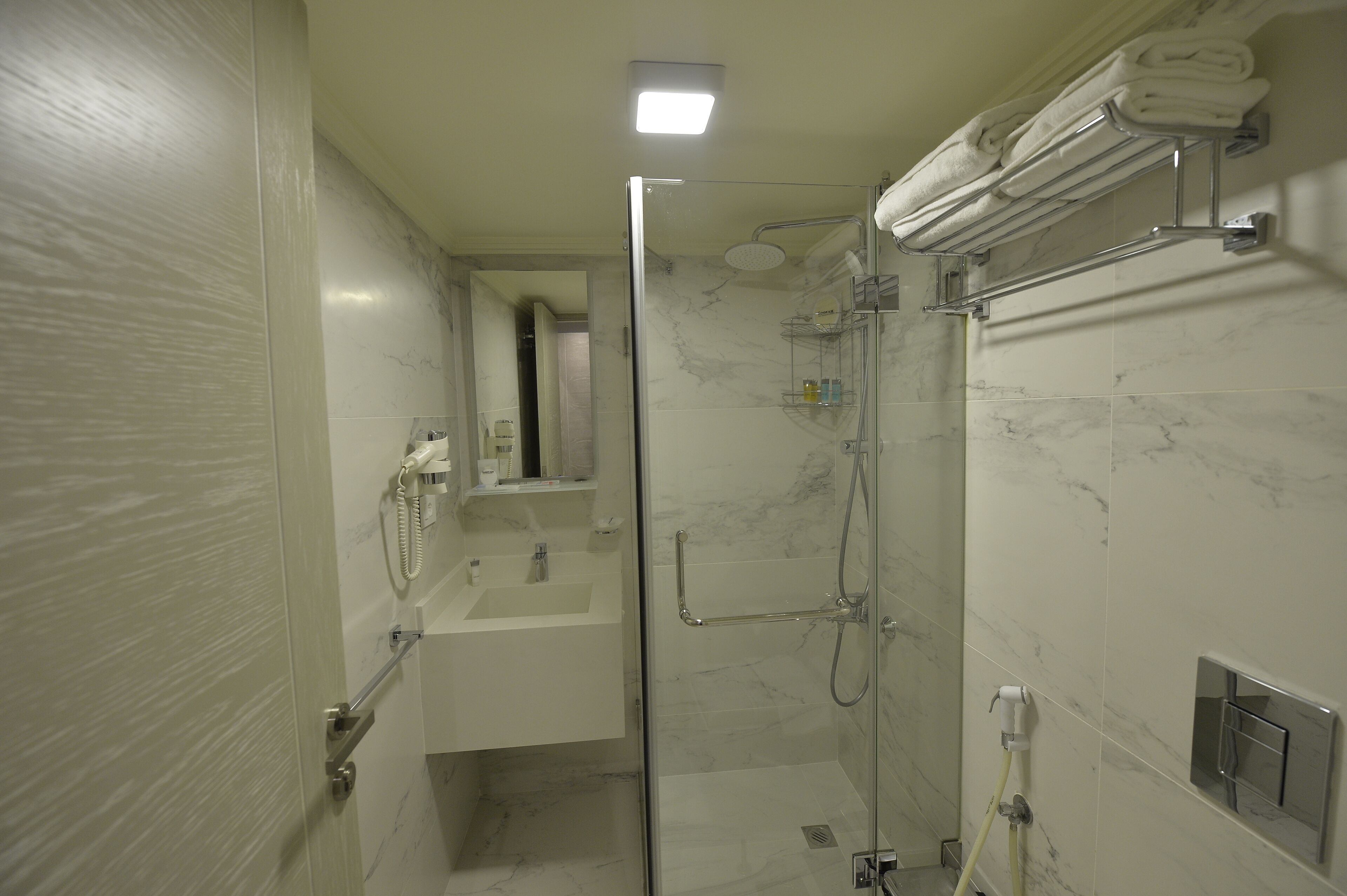 A modern bathroom with a glass-enclosed shower, a white sink, and a towel rack.
