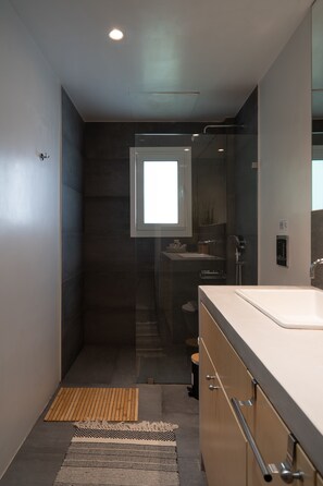 Appartement Ville | Salle de bain | Douche, douche à « effet pluie », sèche-cheveux, serviettes fournies